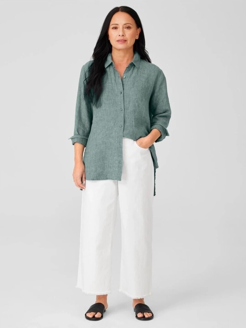 Eileen Fisher Organic Cotton Denim Wide-Leg Jeans In White Cropped Raw Hem Sz XL